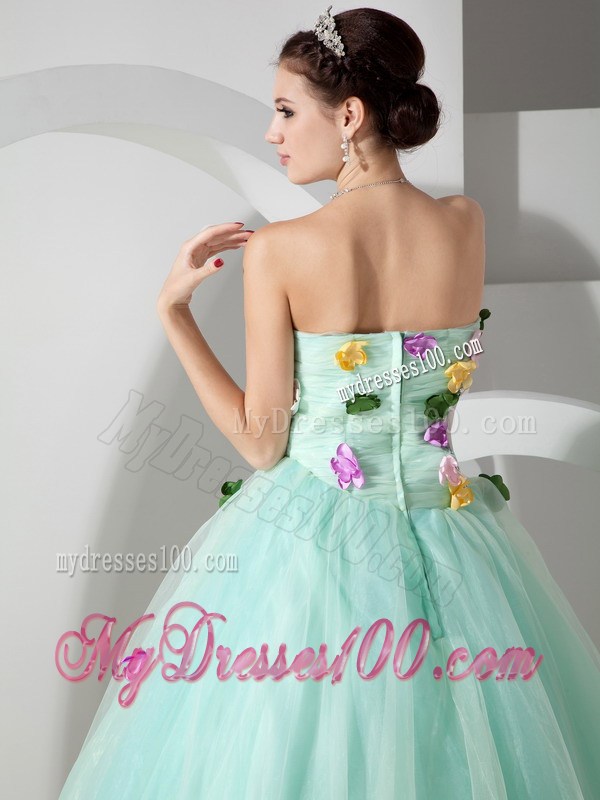 Apple Green Quinceanera Dress with Colorful Handle Flowers and Transparent Waist