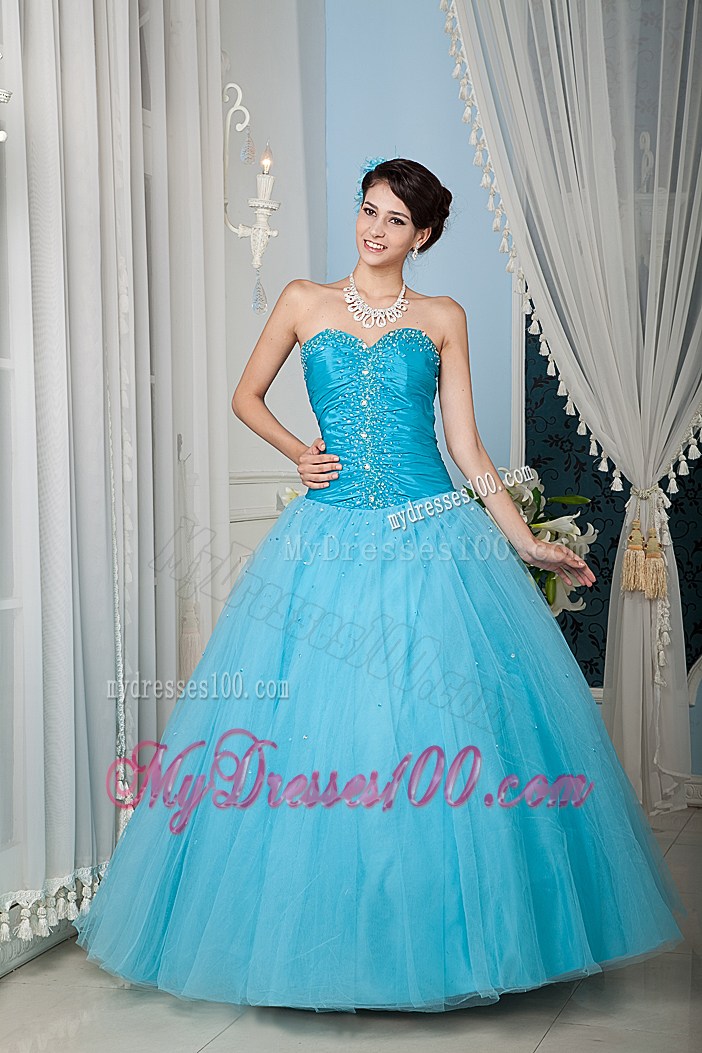 Beading and Ruching Tulle Quinceanera Dresses in Blue with Zipper-up Back