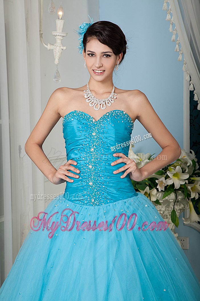 Beading and Ruching Tulle Quinceanera Dresses in Blue with Zipper-up Back