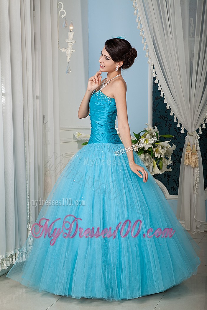 Beading and Ruching Tulle Quinceanera Dresses in Blue with Zipper-up Back