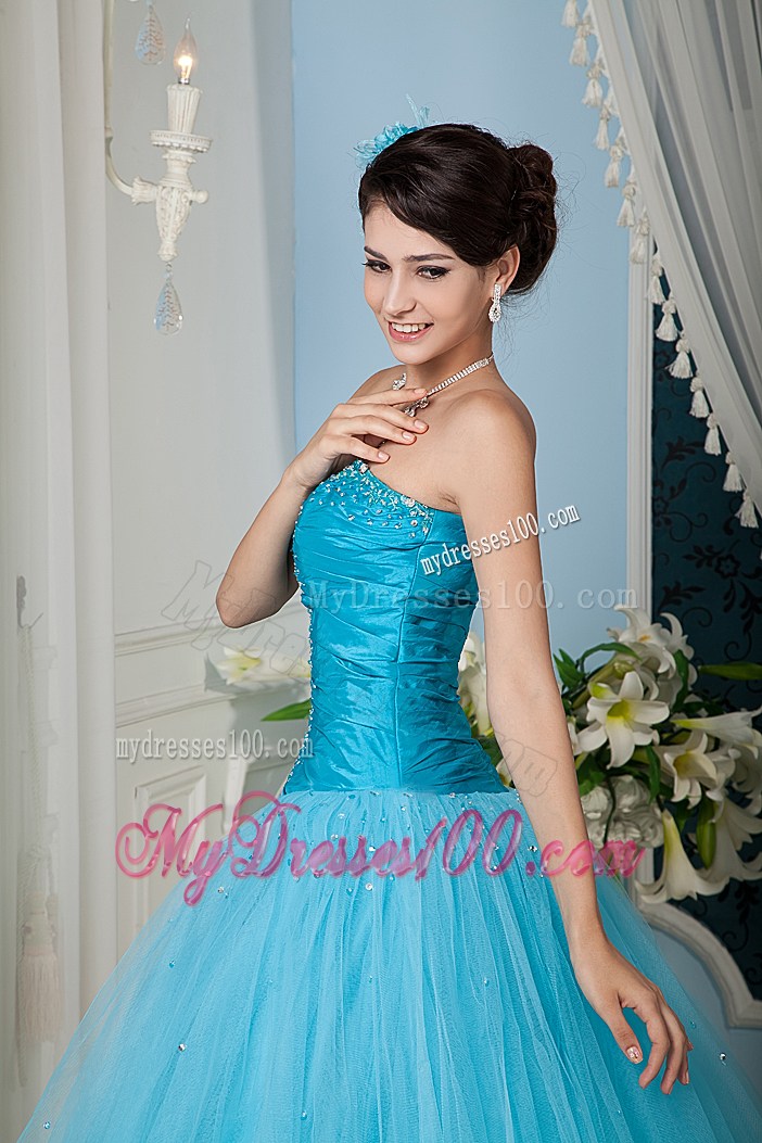 Beading and Ruching Tulle Quinceanera Dresses in Blue with Zipper-up Back