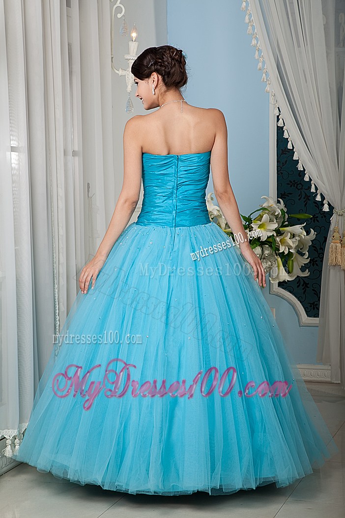 Beading and Ruching Tulle Quinceanera Dresses in Blue with Zipper-up Back