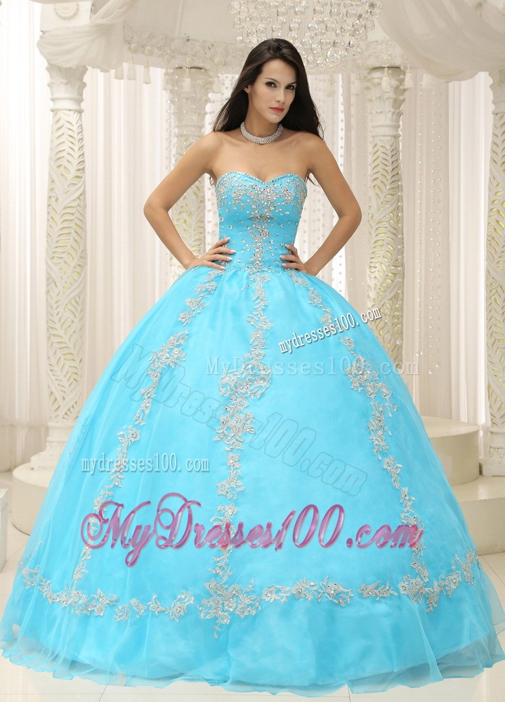 Charming Appliques Puffy Sweetheart Quinceanera Dresses in Aqua Blue