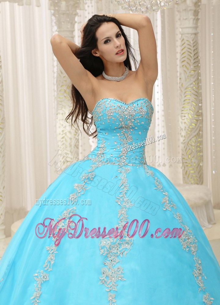 Charming Appliques Puffy Sweetheart Quinceanera Dresses in Aqua Blue