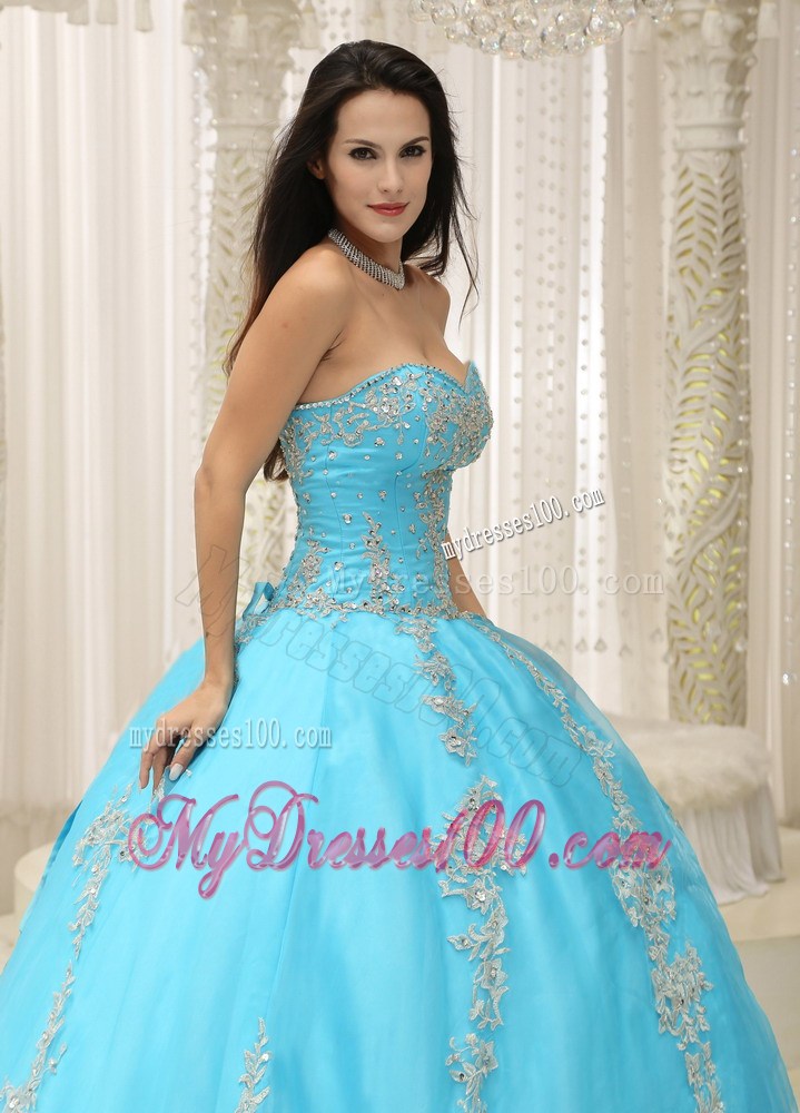 Charming Appliques Puffy Sweetheart Quinceanera Dresses in Aqua Blue