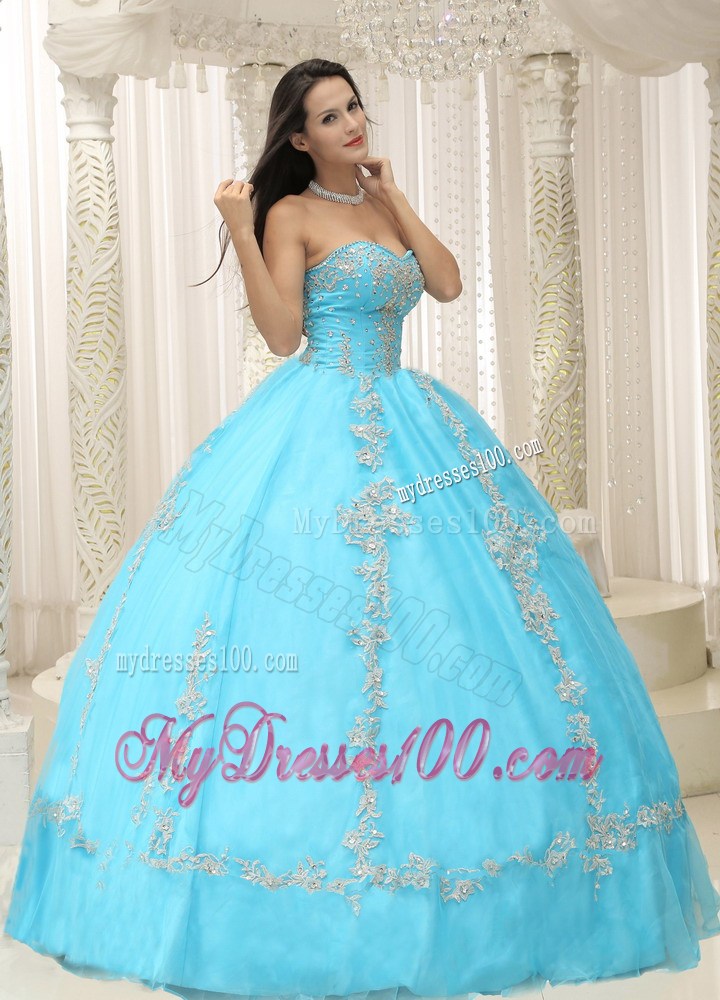 Charming Appliques Puffy Sweetheart Quinceanera Dresses in Aqua Blue
