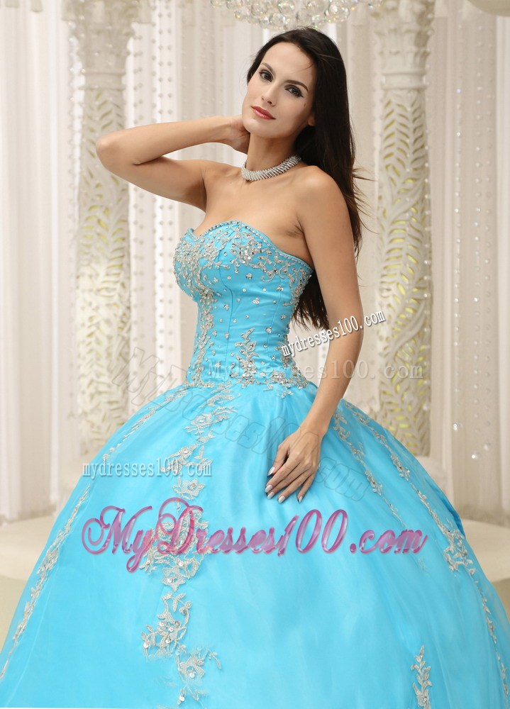 Charming Appliques Puffy Sweetheart Quinceanera Dresses in Aqua Blue