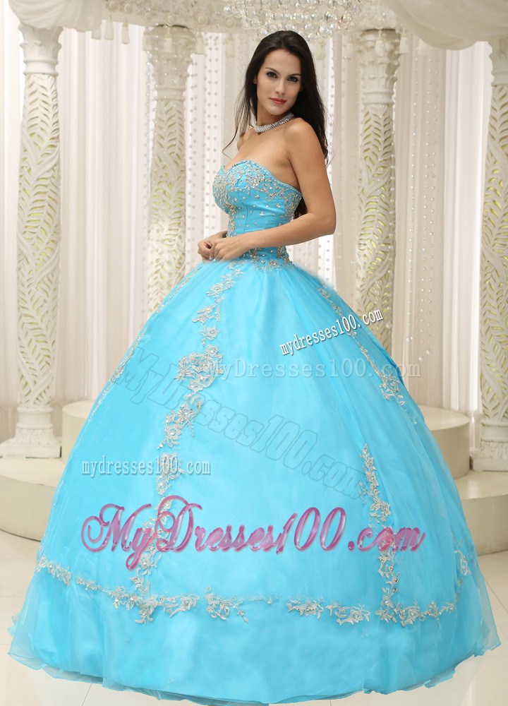 Charming Appliques Puffy Sweetheart Quinceanera Dresses in Aqua Blue