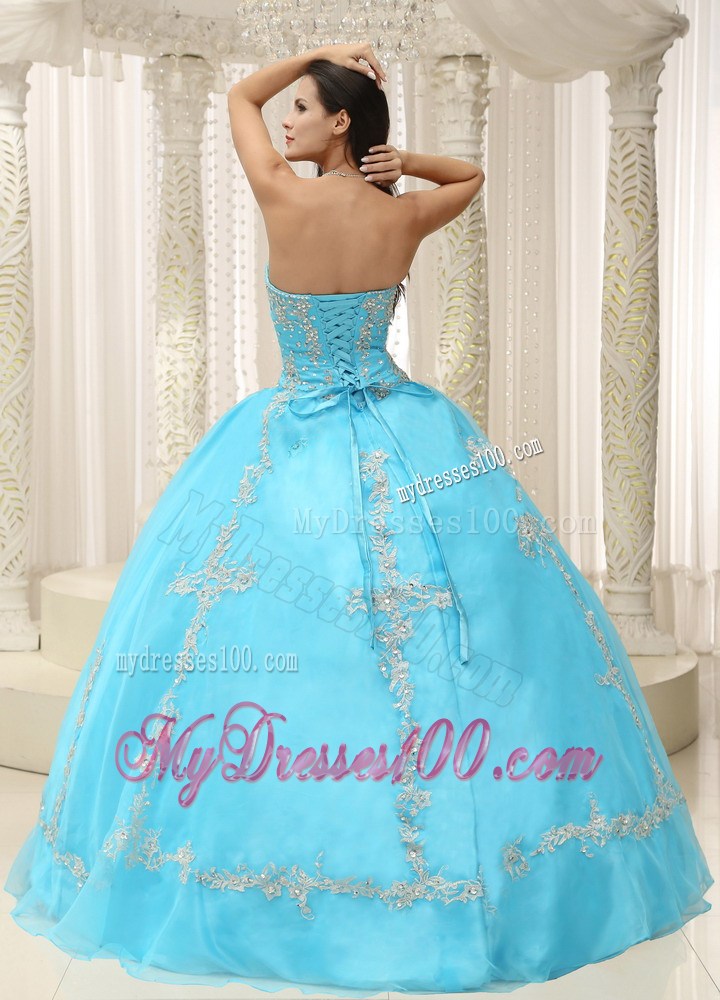 Charming Appliques Puffy Sweetheart Quinceanera Dresses in Aqua Blue