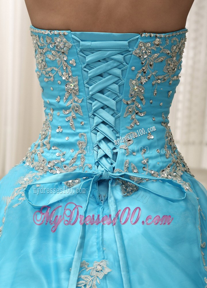 Charming Appliques Puffy Sweetheart Quinceanera Dresses in Aqua Blue