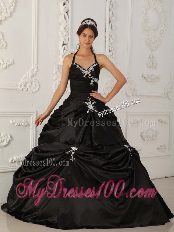 Black Halter Top Ruched Dress for Quince with Pick-ups and White Appliques
