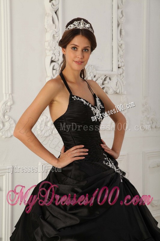 Black Halter Top Ruched Dress for Quince with Pick-ups and White Appliques