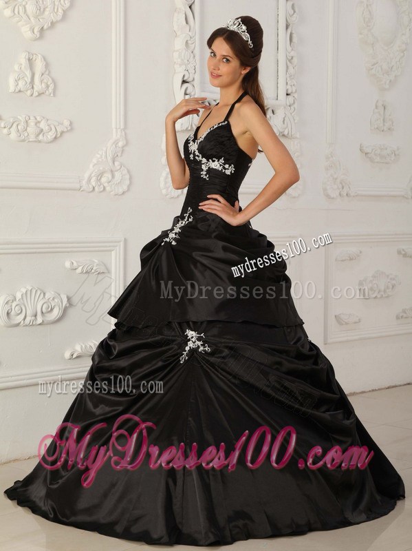 Black Halter Top Ruched Dress for Quince with Pick-ups and White Appliques