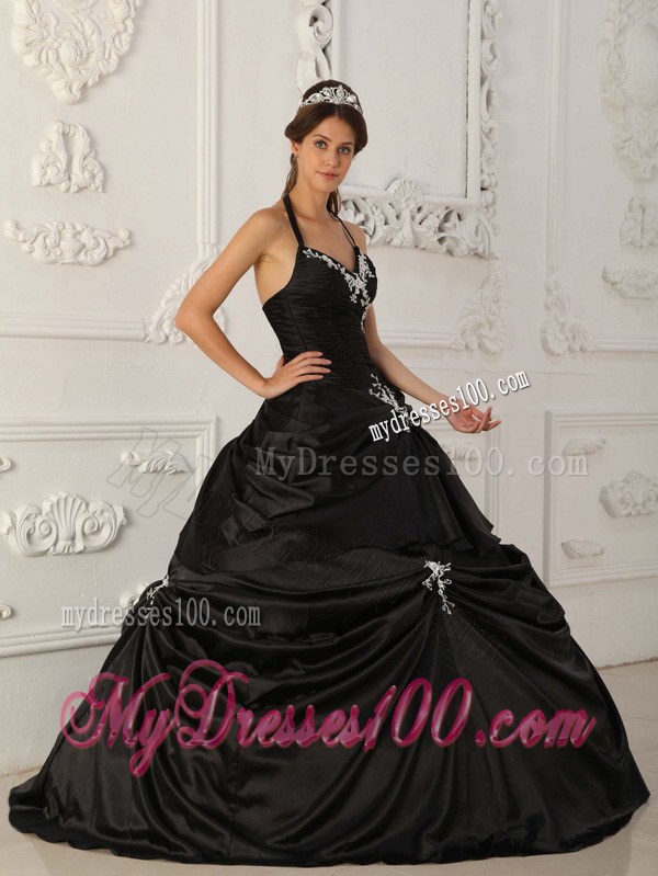 Black Halter Top Ruched Dress for Quince with Pick-ups and White Appliques