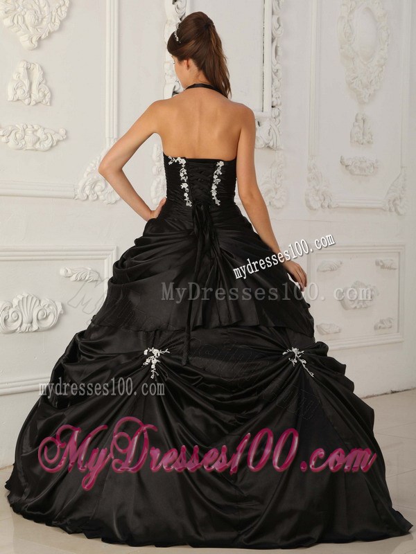 Black Halter Top Ruched Dress for Quince with Pick-ups and White Appliques