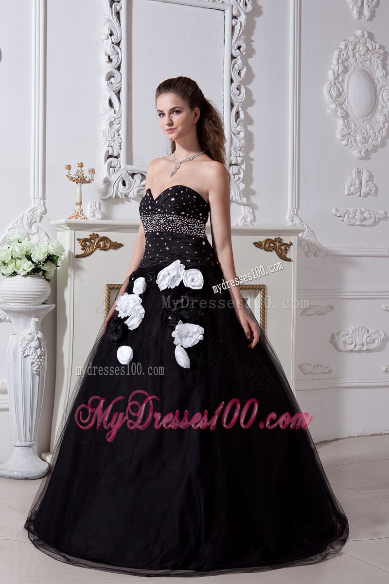 Black Quinceanera Dress Decorated with Beadings and Hand Made Flowers