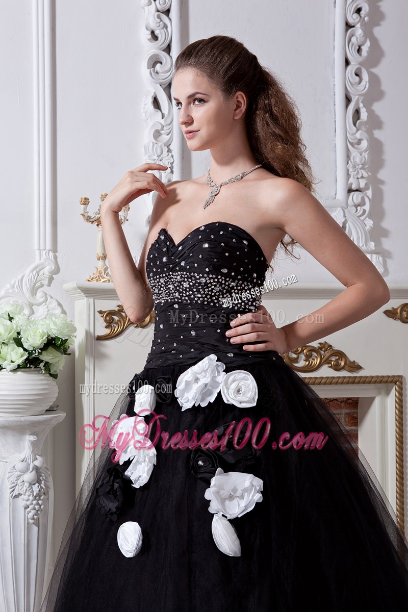 Black Quinceanera Dress Decorated with Beadings and Hand Made Flowers
