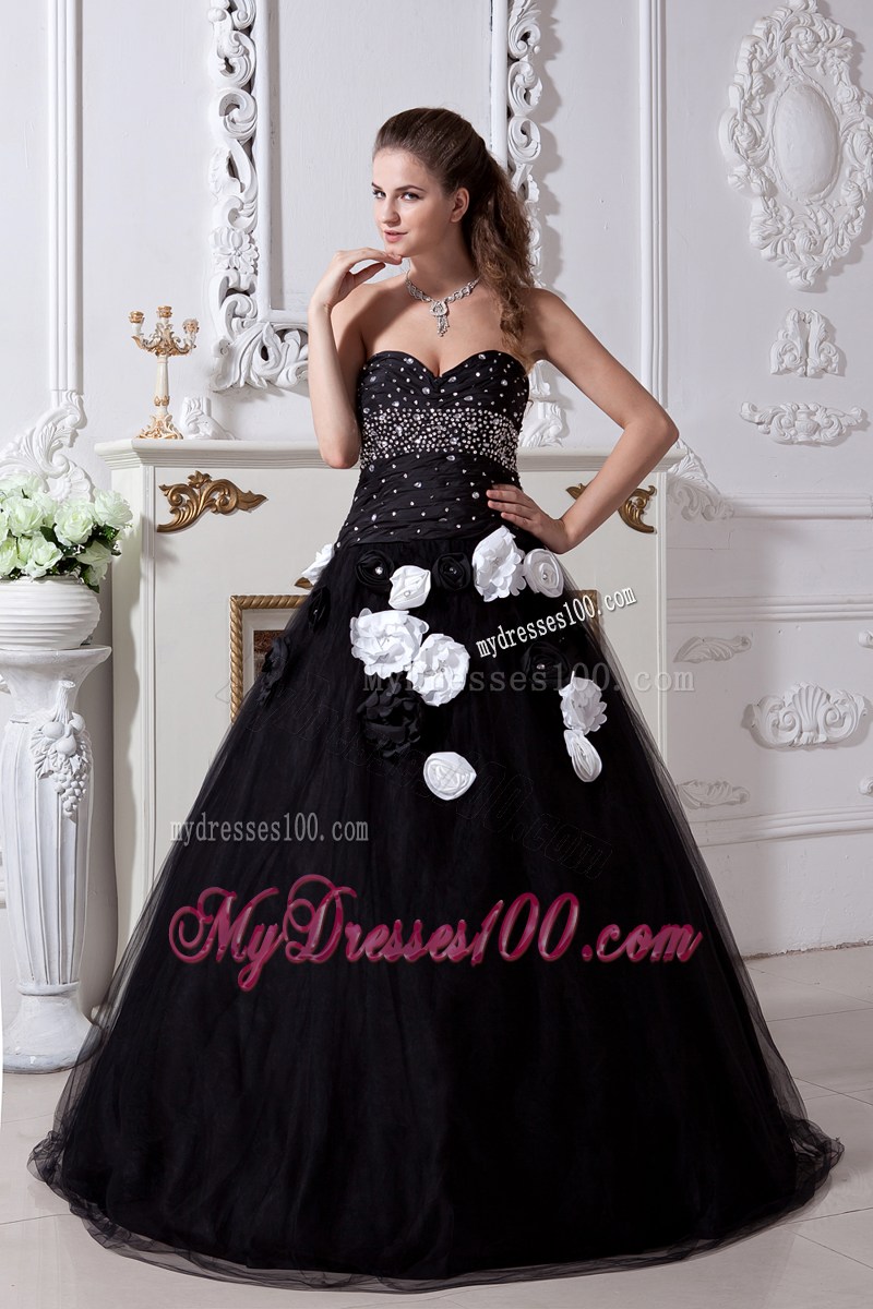 Black Quinceanera Dress Decorated with Beadings and Hand Made Flowers