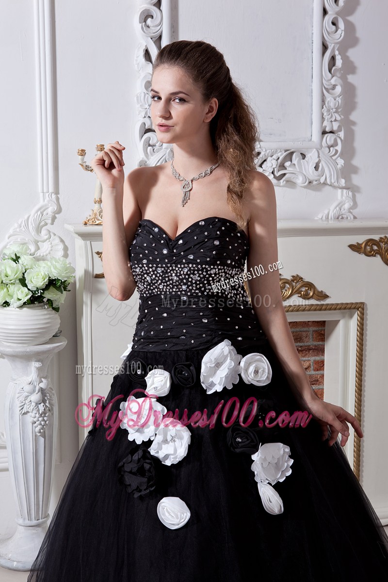 Black Quinceanera Dress Decorated with Beadings and Hand Made Flowers