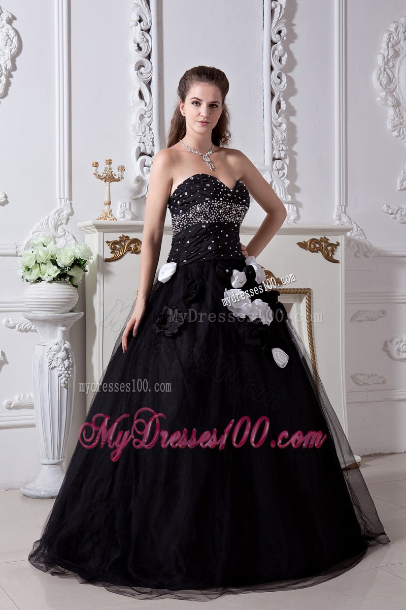 Black Quinceanera Dress Decorated with Beadings and Hand Made Flowers