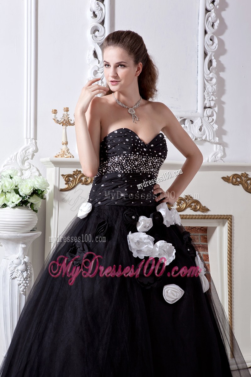Black Quinceanera Dress Decorated with Beadings and Hand Made Flowers
