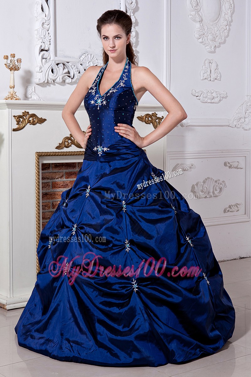 Blue Halter Top Pick-ups Sweet 16 Dresses with White Appliques For Girls