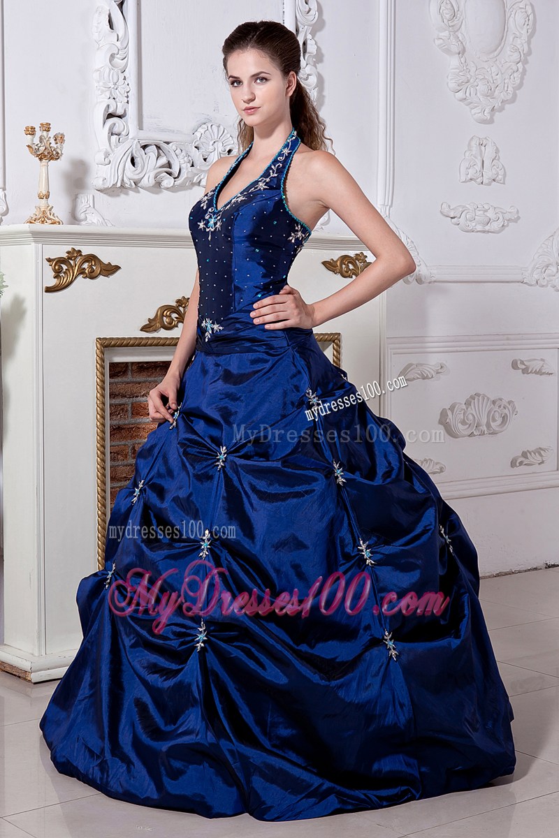 Blue Halter Top Pick-ups Sweet 16 Dresses with White Appliques For Girls