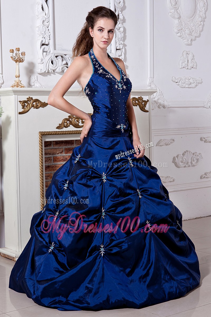 Blue Halter Top Pick-ups Sweet 16 Dresses with White Appliques For Girls