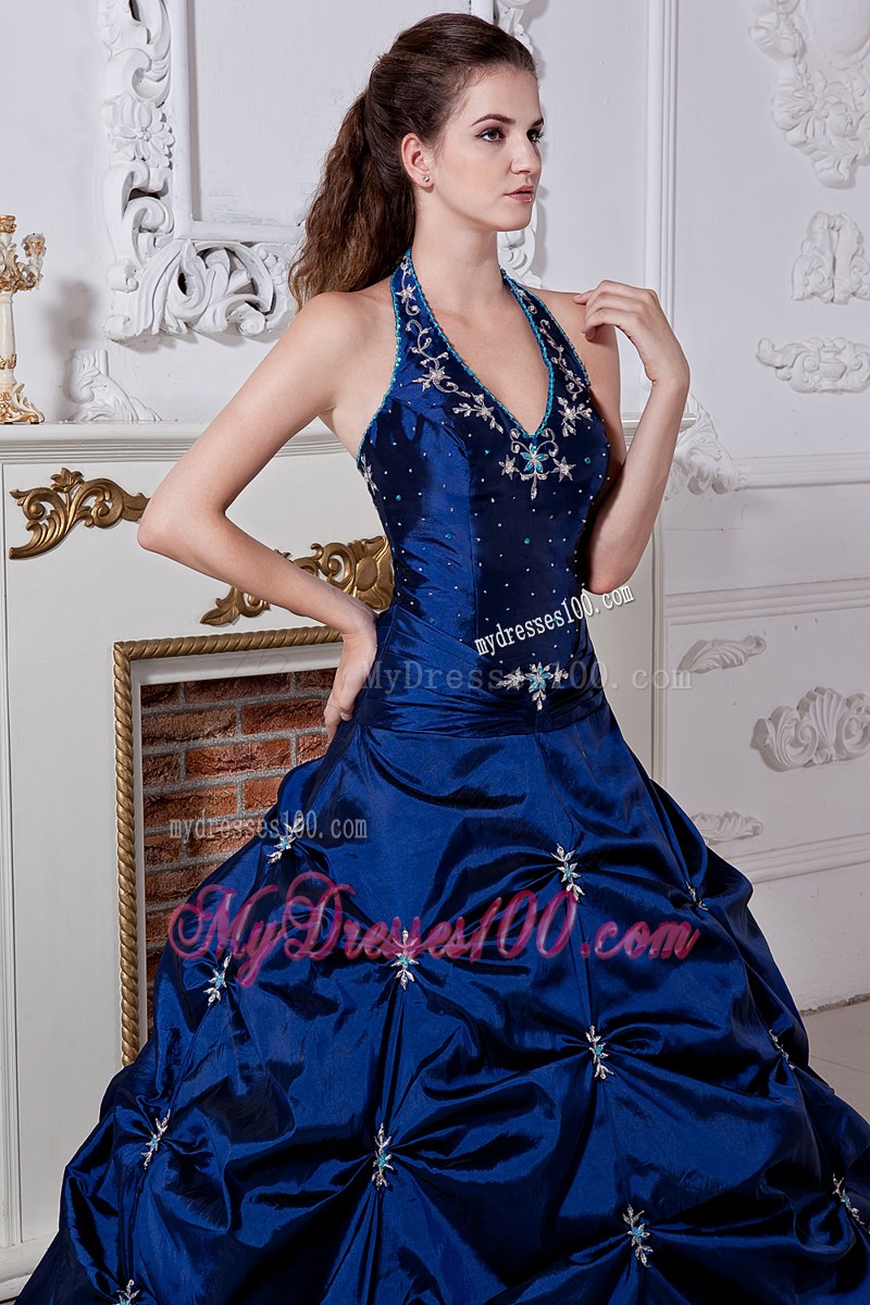Blue Halter Top Pick-ups Sweet 16 Dresses with White Appliques For Girls