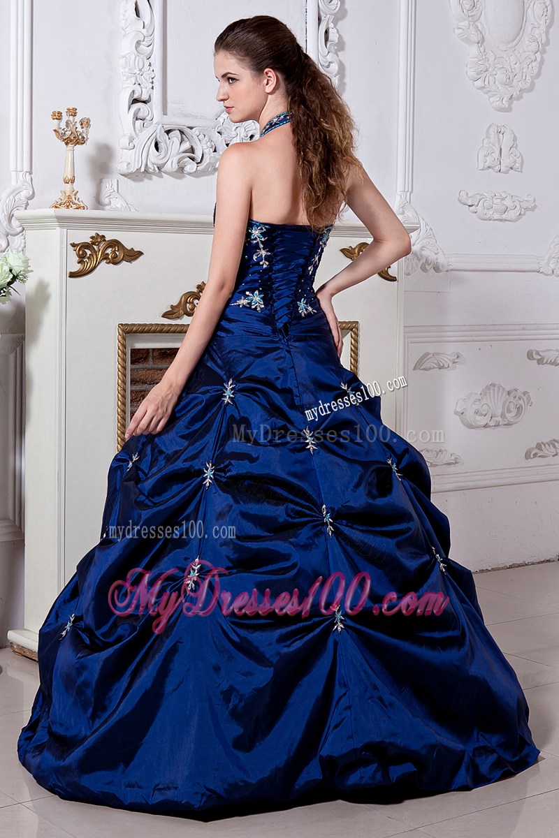 Blue Halter Top Pick-ups Sweet 16 Dresses with White Appliques For Girls