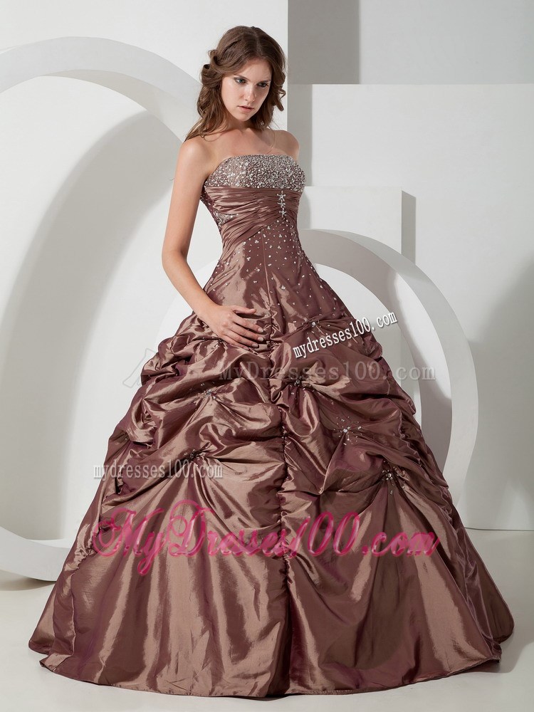 Brown Ball Gown Strapless Floor-length Taffeta Beading Quinceanera Dress