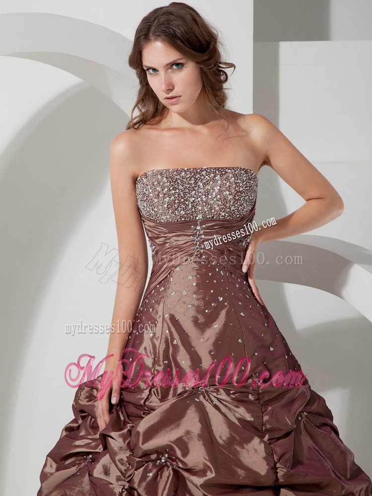 Brown Ball Gown Strapless Floor-length Taffeta Beading Quinceanera Dress