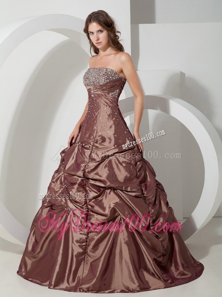 Brown Ball Gown Strapless Floor-length Taffeta Beading Quinceanera Dress