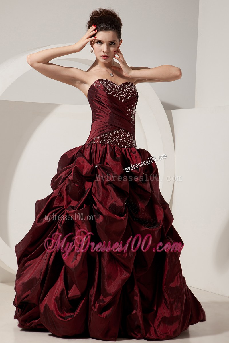 Sweetheart Beading Ruching and Pick-ups Quinceanera Party Dress in Wine Red