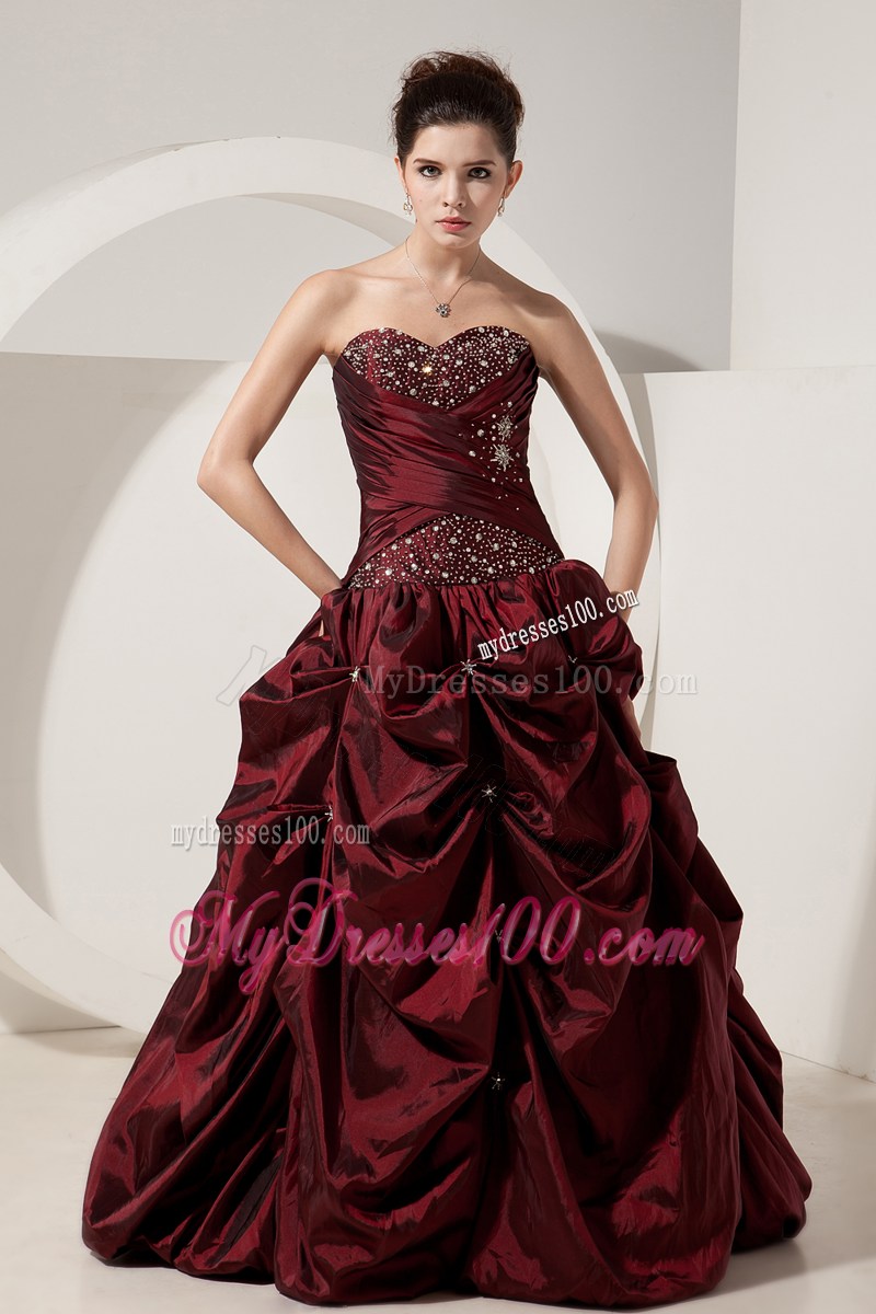 Sweetheart Beading Ruching and Pick-ups Quinceanera Party Dress in Wine Red