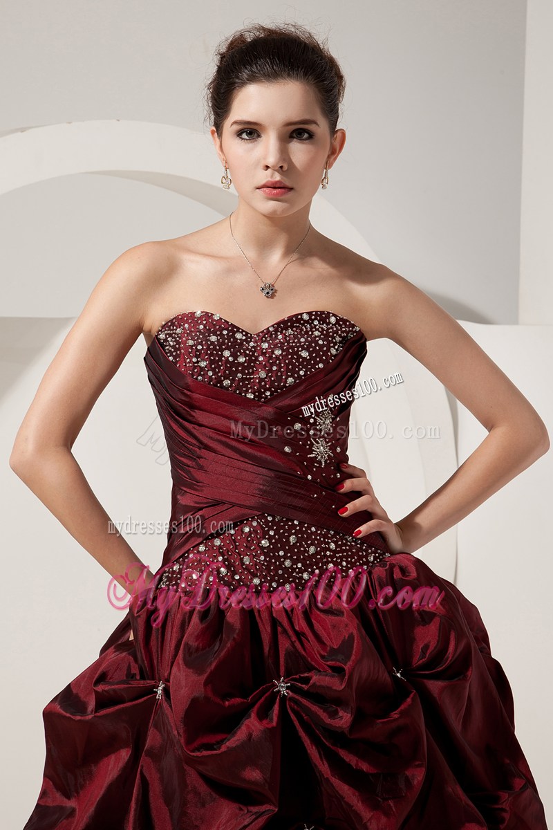Sweetheart Beading Ruching and Pick-ups Quinceanera Party Dress in Wine Red