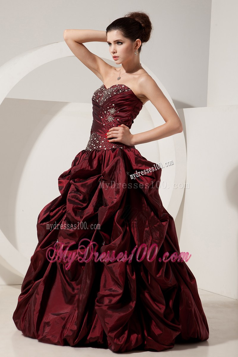 Sweetheart Beading Ruching and Pick-ups Quinceanera Party Dress in Wine Red