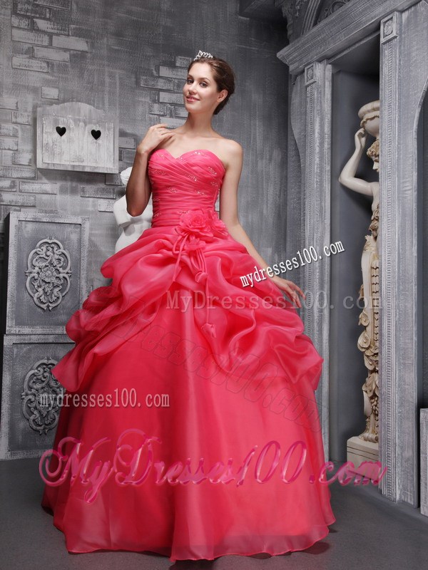 Organza Ruche Handle Flowers and Pick-ups Sweet 16 Dresses in Hot Pink