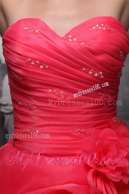 Organza Ruche Handle Flowers and Pick-ups Sweet 16 Dresses in Hot Pink