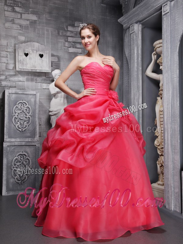 Organza Ruche Handle Flowers and Pick-ups Sweet 16 Dresses in Hot Pink