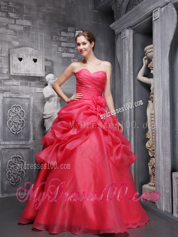 Organza Ruche Handle Flowers and Pick-ups Sweet 16 Dresses in Hot Pink