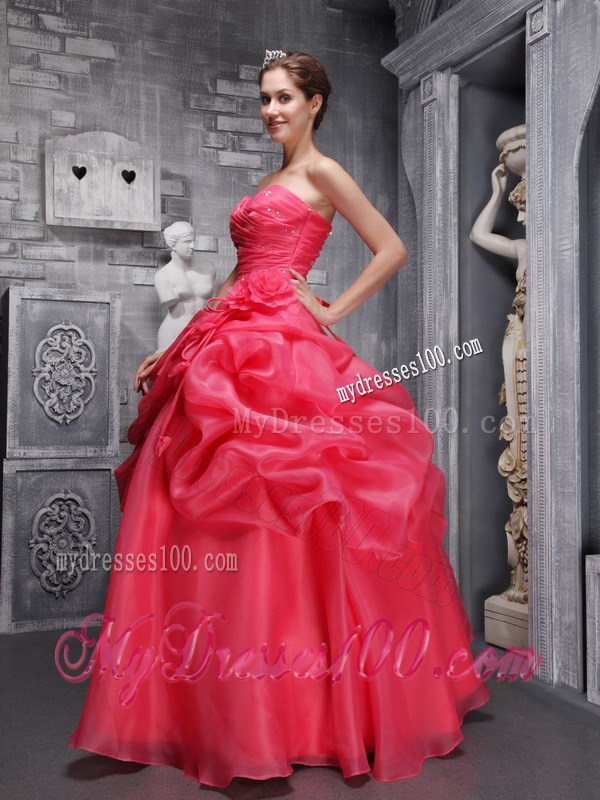 Organza Ruche Handle Flowers and Pick-ups Sweet 16 Dresses in Hot Pink