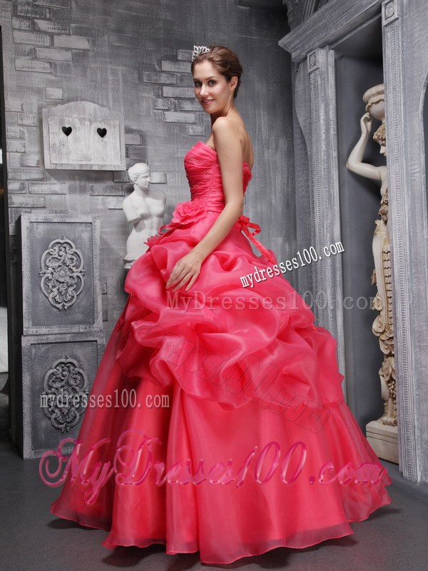 Organza Ruche Handle Flowers and Pick-ups Sweet 16 Dresses in Hot Pink