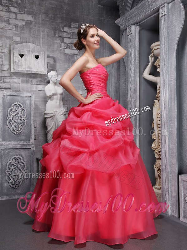 Organza Ruche Handle Flowers and Pick-ups Sweet 16 Dresses in Hot Pink