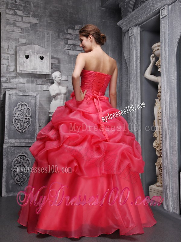 Organza Ruche Handle Flowers and Pick-ups Sweet 16 Dresses in Hot Pink
