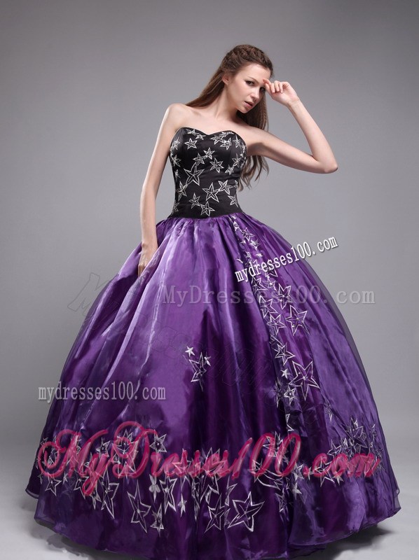 Sweetheart Star Embroidery Eggplant Purple Ball Gown Quinceanera Dresses