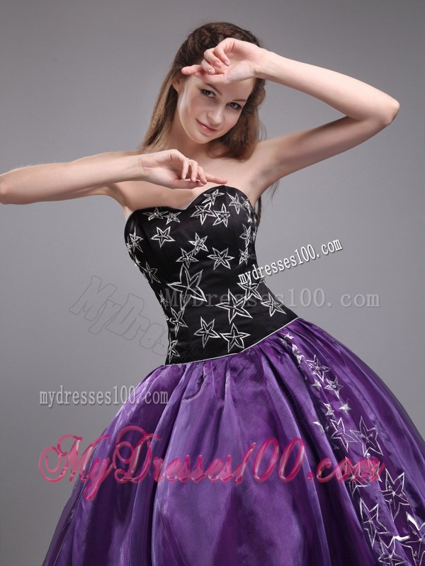 Sweetheart Star Embroidery Eggplant Purple Ball Gown Quinceanera Dresses