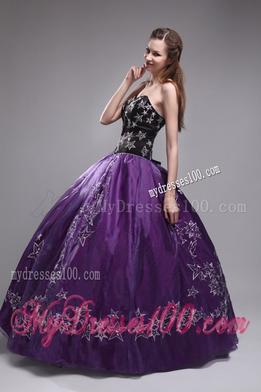 Sweetheart Star Embroidery Eggplant Purple Ball Gown Quinceanera Dresses