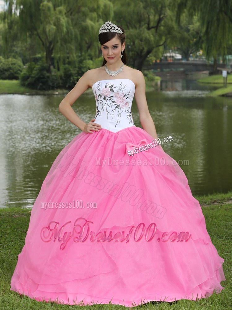 Floral Embroidery Bowknot Ball Gown Sweet 15 Dress White and Pink