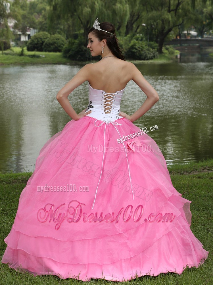 Floral Embroidery Bowknot Ball Gown Sweet 15 Dress White and Pink